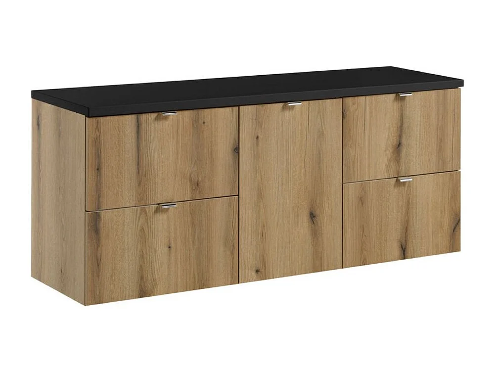 Badkamerset VANO eiken en zwart uiterlijk 140cm: onderkasten met laden en wasmand + blad voor wastafel