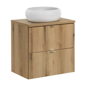 Badkamerset VANO eikenlook 60cm: onderkast met lades + blad voor wastafel + ronde opbouwwastafel Badkamerset VANO eikenlook 60cm: onderkast met lades + blad voor wastafel + ronde opbouwwastafel