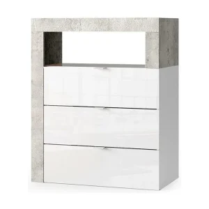 Badkamerkast BURA – 3 laden – L64 cm – Hoogglans wit en grijs betonlook