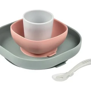 Babymaaltijdset 4-delig van BPA-vrij siliconen met zuignappen – Bord, kom, glas en ergonomische lepel – Eucalyptus/Roze