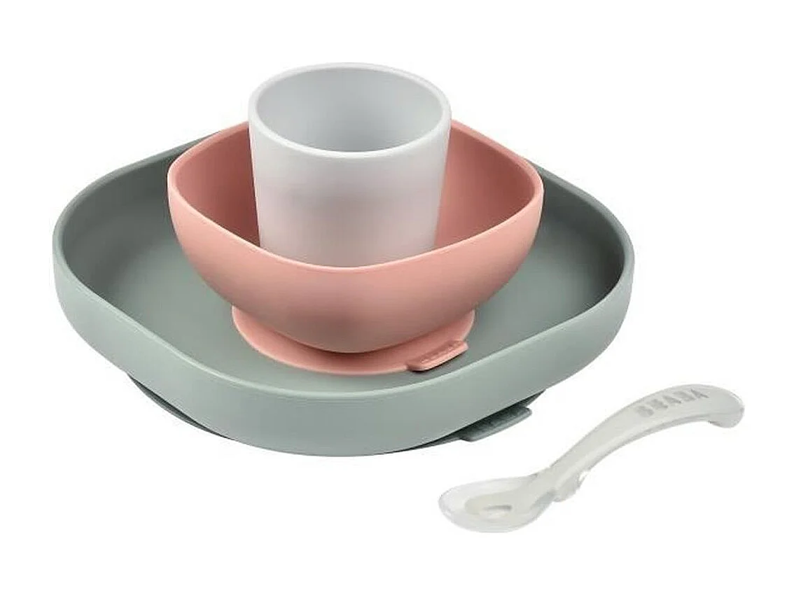 Babymaaltijdset 4-delig van BPA-vrij siliconen met zuignappen – Bord, kom, glas en ergonomische lepel – Eucalyptus/Roze