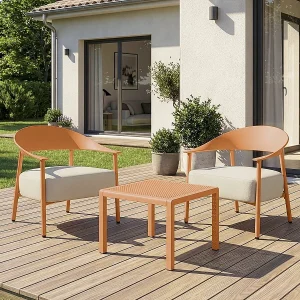 "Céora" 2-delige metalen en kunststof tuinmeubelset – Oranje, modern design, comfortabele zitplaatsen "Céora" 2-delige metalen en kunststof tuinmeubelset – Oranje, modern design, comfortabele zitplaatsen