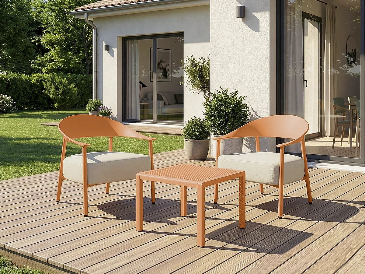 "Céora" 2-delige metalen en kunststof tuinmeubelset – Oranje, modern design, comfortabele zitplaatsen