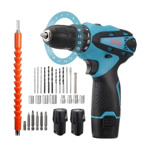 Accuboormachine met LED-lamp – 12V – Twee 1,5Ah-accu's – 30 accessoires – Borstelmotor – Blauw