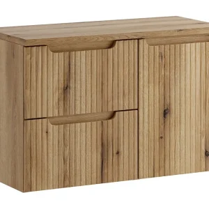 Badkamerset VANO licht eiken 90cm: onderkasten met laden met geïntegreerde wasmand + blad voor wastafel