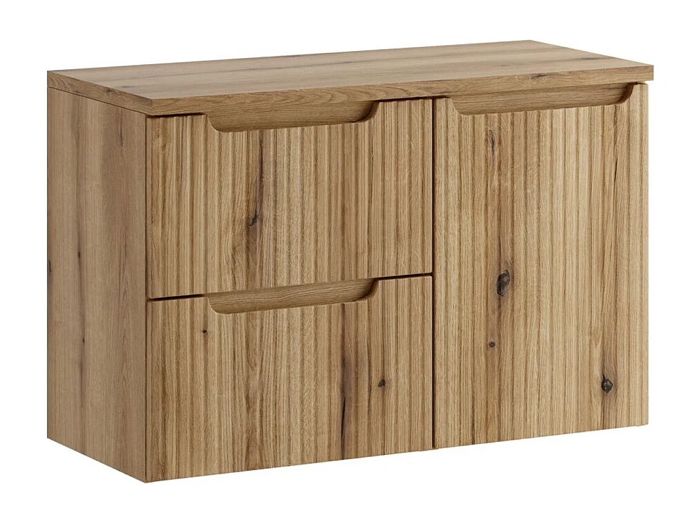 Badkamerset VANO licht eiken 90cm: onderkasten met laden met geïntegreerde wasmand + blad voor wastafel