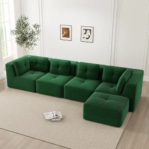 4-zits hoekbank van geribbeld fluweel, met poef en 6 kussens, 386x177x69cm, groen 4-zits hoekbank van geribbeld fluweel, met poef en 6 kussens, 386x177x69cm, groen
