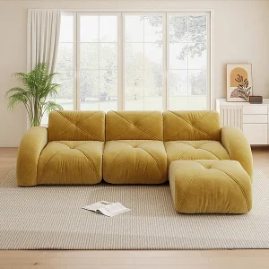 3-zits modulaire hoekbank van chenillestof, met poef, 281x171x76cm, Geel 3-zits modulaire hoekbank van chenillestof, met poef, 281x171x76cm, Geel