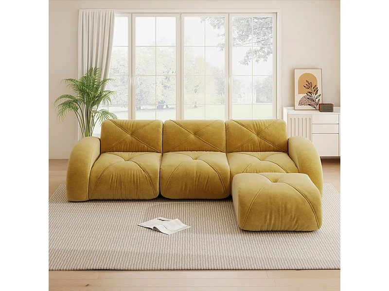 3-zits modulaire hoekbank van chenillestof, met poef, 281x171x76cm, Geel