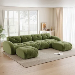 4-zits modulaire hoekbank van chenillestof, met 2 poefs, 358x171x76cm, Groen