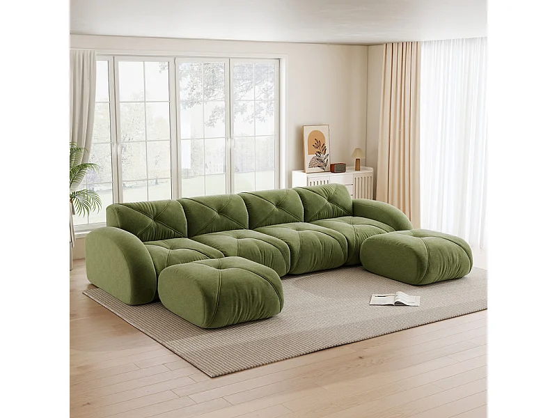 4-zits modulaire hoekbank van chenillestof, met 2 poefs, 358x171x76cm, Groen