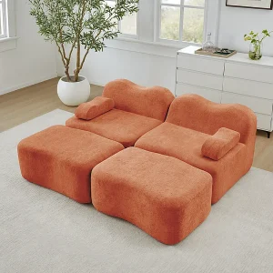 2-zits modulaire hoekbank van fluweel, met 2 poefs, 192x167x70cm, Oranje
