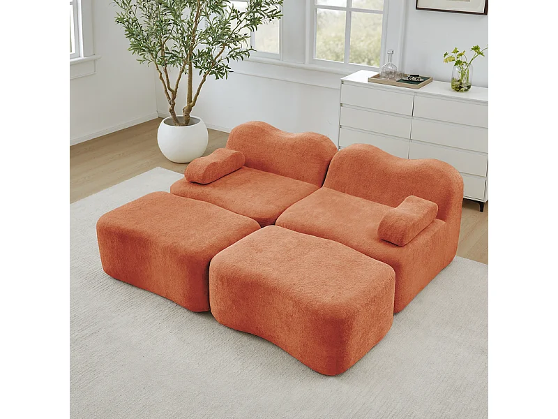 2-zits modulaire hoekbank van fluweel, met 2 poefs, 192x167x70cm, Oranje