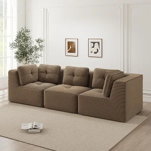 3-zits modulaire bank, met 5 kussens, van geribbeld fluweel, bruin, 297x104x69cm 3-zits modulaire bank, met 5 kussens, van geribbeld fluweel, bruin, 297x104x69cm