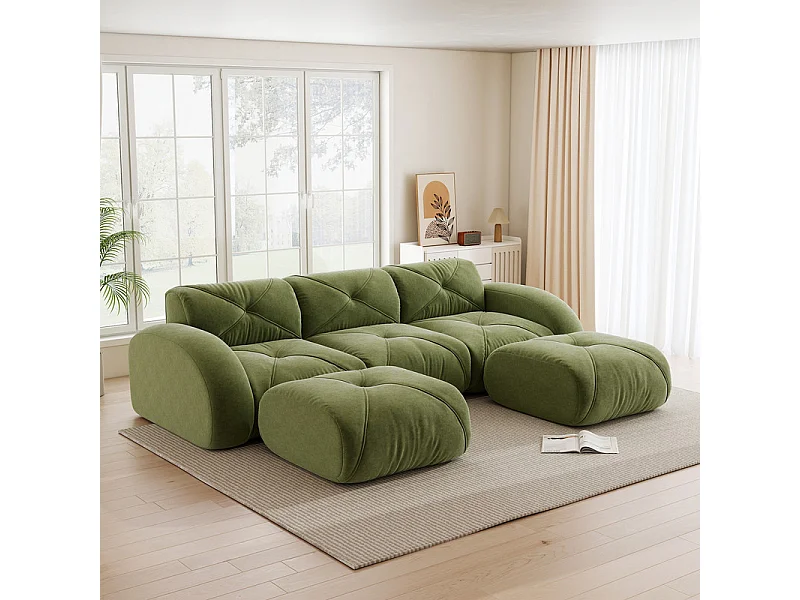 3-zits modulaire hoekbank van chenillestof, met 2 poefs, 281x171x76cm, Groen
