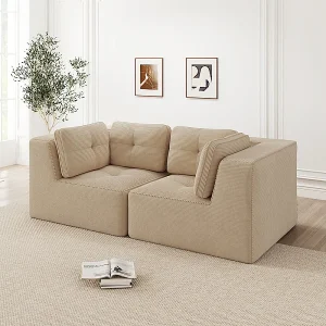 2-zits modulaire bank van geribbeld fluweel beige – met 4 kussens – 208x104x69cm 2-zits modulaire bank van geribbeld fluweel beige – met 4 kussens – 208x104x69cm