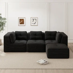 3-zits modulaire bank, met poef en kussens, van geribbeld fluweel, zwart, 297x177x69cm