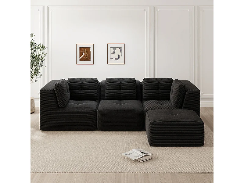 3-zits modulaire bank, met poef en kussens, van geribbeld fluweel, zwart, 297x177x69cm