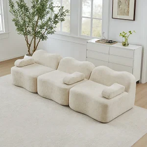3-zits modulaire golfvormbank van fluweel, met armleuningskussen, 288x98x70cm, Beige