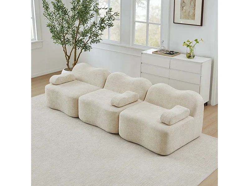 3-zits modulaire golfvormbank van fluweel, met armleuningskussen, 288x98x70cm, Beige
