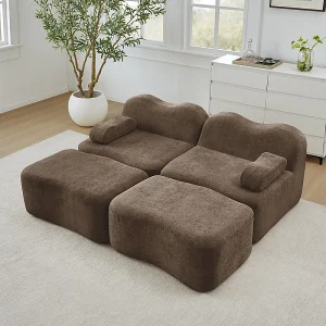2-zits modulaire hoekbank van fluweel, met 2 poefs, 192x167x70cm, Bruin