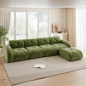 4-zits modulaire hoekbank van chenillestof, met poef, 358x171x76cm, Groen