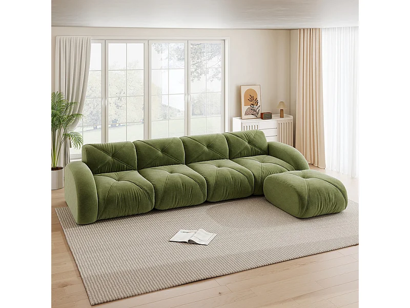 4-zits modulaire hoekbank van chenillestof, met poef, 358x171x76cm, Groen