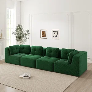 4-zits modulaire bank, met 6 kussens, van geribbeld fluweel, 386x104x69cm, groen 4-zits modulaire bank, met 6 kussens, van geribbeld fluweel, 386x104x69cm, groen