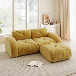 2-zits modulaire hoekbank van chenillestof, met poef, 204x171x76cm, Geel 2-zits modulaire hoekbank van chenillestof, met poef, 204x171x76cm, Geel