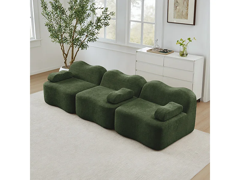 3-zits modulaire golfvormbank van fluweel, met armleuningskussen, 288x98x70cm, Groen