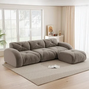3-zits modulaire hoekbank van chenillestof, met poef, 281x171x76cm, Bruin 3-zits modulaire hoekbank van chenillestof, met poef, 281x171x76cm, Bruin