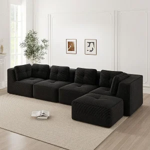 4-zits hoekbank van geribbeld fluweel, met poef en 6 kussens, 386x177x69cm, zwart 4-zits hoekbank van geribbeld fluweel, met poef en 6 kussens, 386x177x69cm, zwart