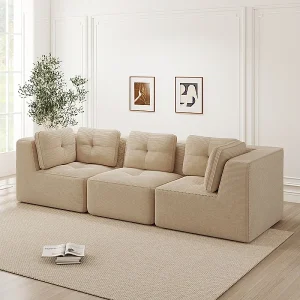 3-zits modulaire bank, met 5 kussens, van geribbeld fluweel, beige, 297x104x69cm 3-zits modulaire bank, met 5 kussens, van geribbeld fluweel, beige, 297x104x69cm