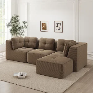 3-zits modulaire bank, met poef en kussens, van geribbeld fluweel, bruin, 297x177x69cm