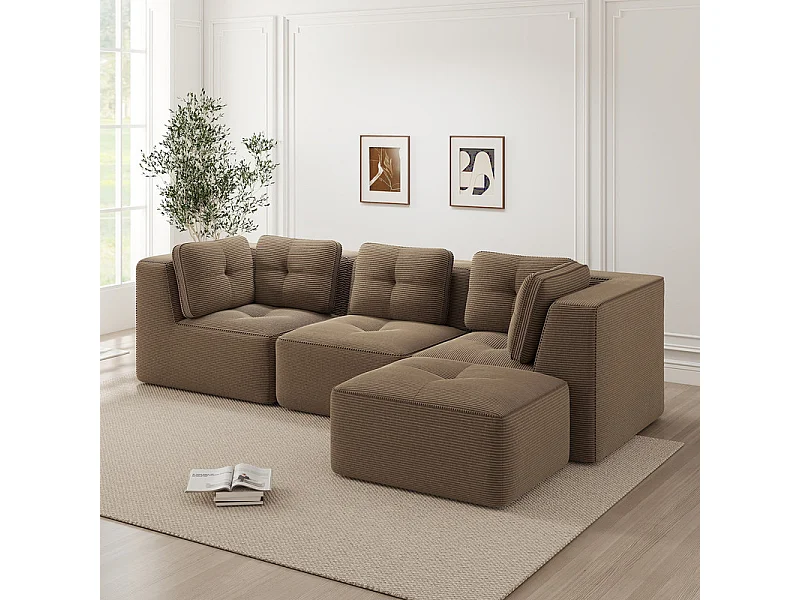 3-zits modulaire bank, met poef en kussens, van geribbeld fluweel, bruin, 297x177x69cm