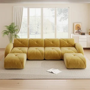 4-zits modulaire hoekbank van chenillestof, met 2 poefs, 358x171x76cm, Geel