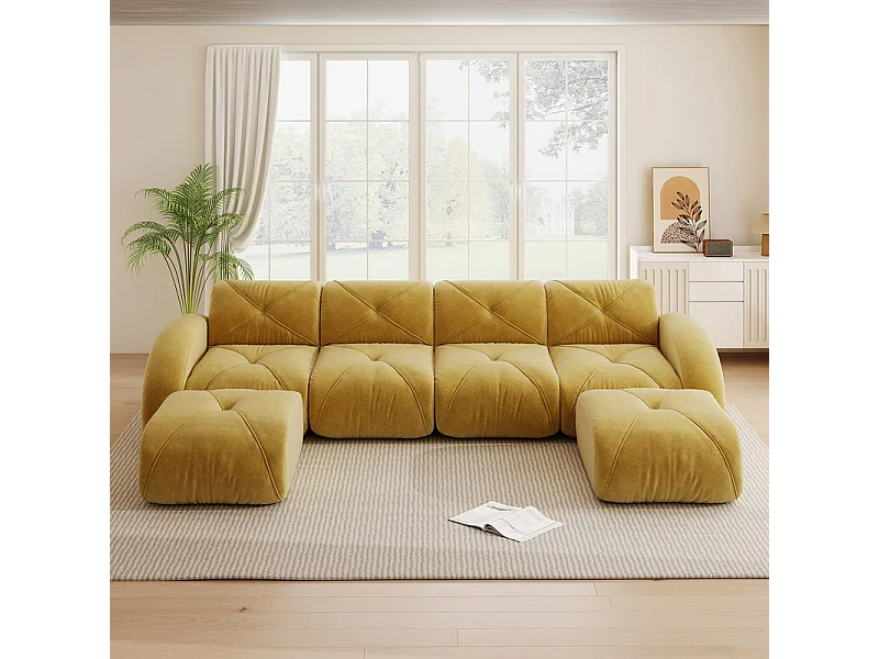 4-zits modulaire hoekbank van chenillestof, met 2 poefs, 358x171x76cm, Geel