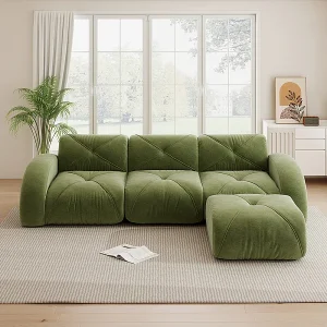 3-zits modulaire hoekbank van chenillestof, met poef, 281x171x76cm, Groen 3-zits modulaire hoekbank van chenillestof, met poef, 281x171x76cm, Groen