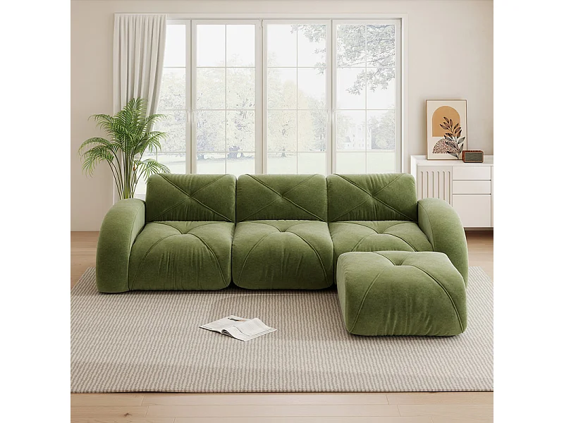 3-zits modulaire hoekbank van chenillestof, met poef, 281x171x76cm, Groen
