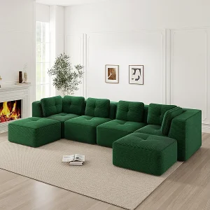 4-zits modulaire panoramabank, van geribbeld fluweel, met 2 poefs, 386x177x69cm, groen