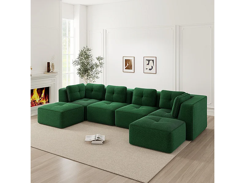 4-zits modulaire panoramabank, van geribbeld fluweel, met 2 poefs, 386x177x69cm, groen