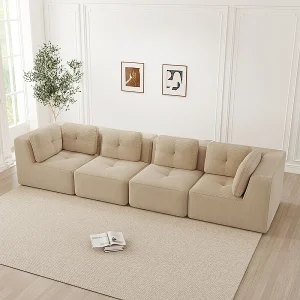 4-zits modulaire bank, met 6 kussens, van geribbeld fluweel, 386x104x69cm, beige 4-zits modulaire bank, met 6 kussens, van geribbeld fluweel, 386x104x69cm, beige