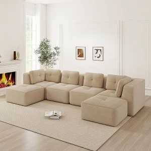 4-zits modulaire panoramabank, van geribbeld fluweel, met 2 poefs, 386x177x69cm, beige