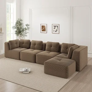 4-zits hoekbank van geribbeld fluweel, met poef en 6 kussens, 386x177x69cm, bruin 4-zits hoekbank van geribbeld fluweel, met poef en 6 kussens, 386x177x69cm, bruin