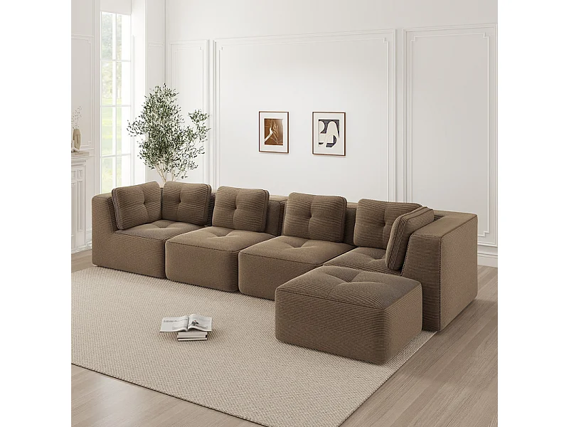 4-zits hoekbank van geribbeld fluweel, met poef en 6 kussens, 386x177x69cm, bruin