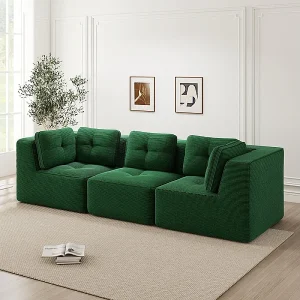 3-zits modulaire bank, met 5 kussens, van geribbeld fluweel, groen, 297x104x69cm 3-zits modulaire bank, met 5 kussens, van geribbeld fluweel, groen, 297x104x69cm