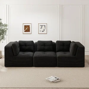 3-zits modulaire bank, met 5 kussens, van geribbeld fluweel, zwart, 297x104x69cm