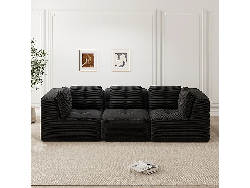 3-zits modulaire bank, met 5 kussens, van geribbeld fluweel, zwart, 297x104x69cm