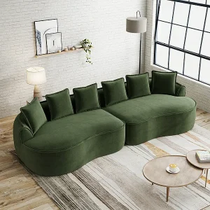 4-zits modulaire bank van chenillestof, met 6 kussens, 63cm zitdiepte, 320x114x67cm, Groen 4-zits modulaire bank van chenillestof, met 6 kussens, 63cm zitdiepte, 320x114x67cm, Groen