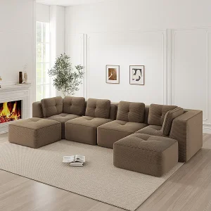 4-zits modulaire panoramabank, van geribbeld fluweel, met 2 poefs, 386x177x69cm, bruin